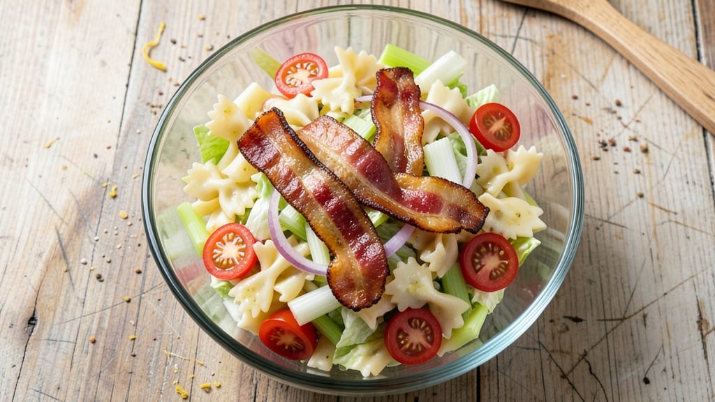 BLT Bow Tie Pasta Salad Recipe: Crispy Celery Crowns and Tangy Bacon Bite