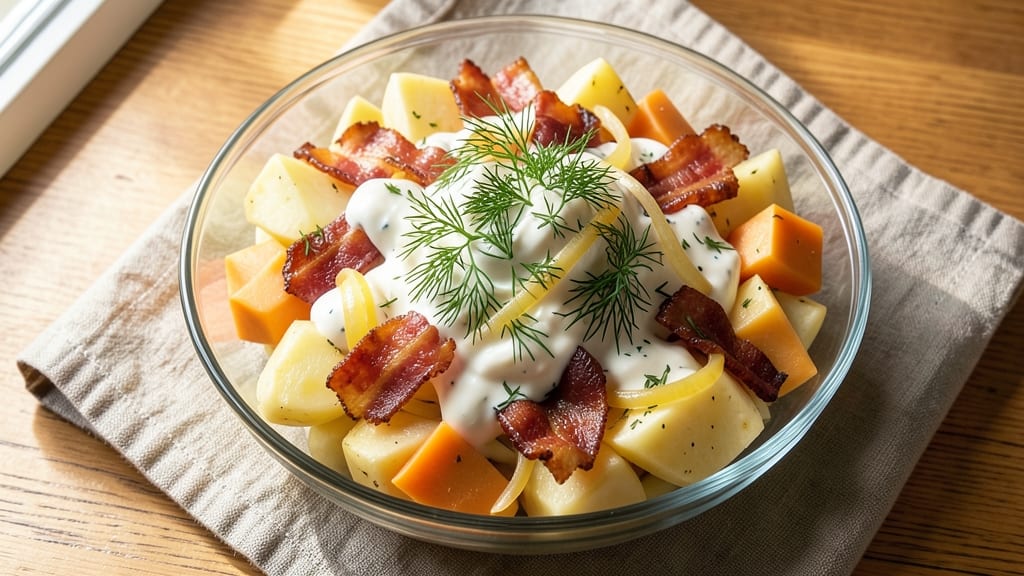 Bacon Cheese Potato Salad Recipe: Crispy Croutons and Smoky Herb Cream Cheese Fusion