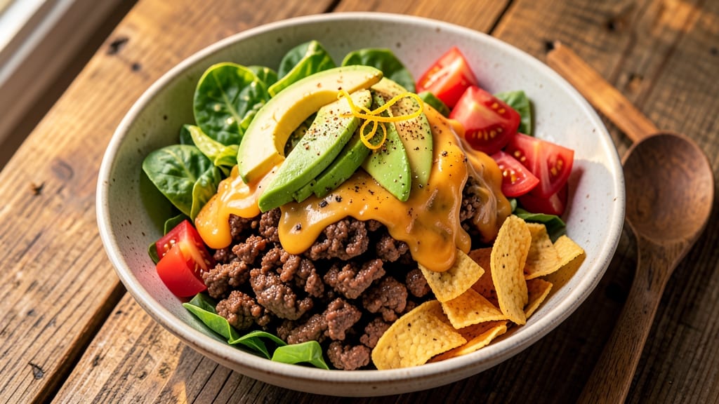 Beef Taco Salad Bowl Recipe: Crunchy Layers of Tortilla Chips and Seasoned Beef