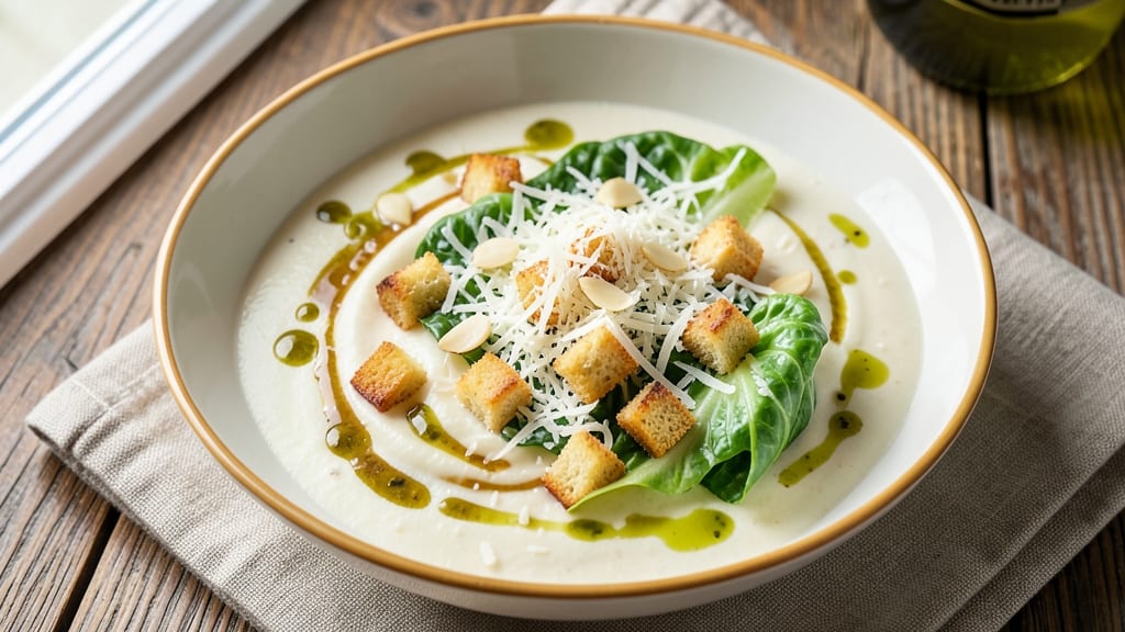 Caesar Salad Soup Recipe: Creamy Garlic-Anchovy Base With Parmesan Clouds