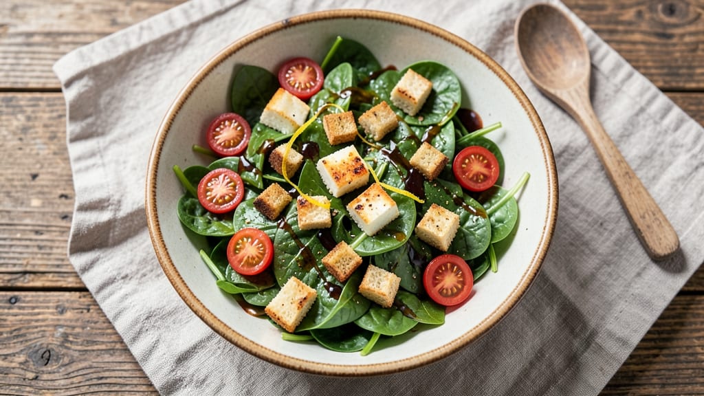 Brazilian Spinach and Cheese Salad Recipe: Crispy Croutons and Creamy Halloumi Twist