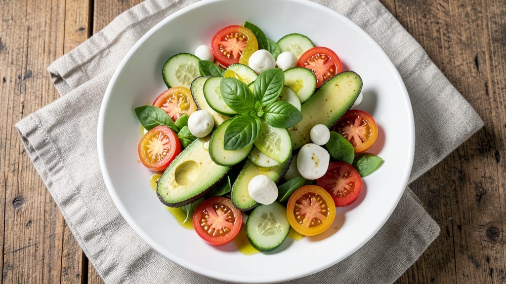 Avocado, Tomato, Cucumber, and Mozzarella Salad Recipe: Bright Italian Caprese With Crispy Edges