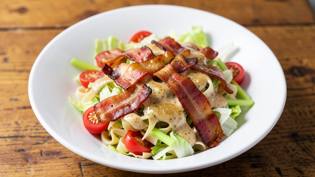 BLT Ranch Pasta Salad Recipe: Smoky Bacon, Crisp Celery Crowns and Cool Creamy Twist