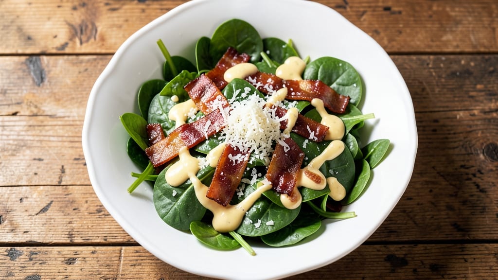Baby Spinach Salad Recipe: Creamy Garlic Parmesan With Crispy Bacon Bites