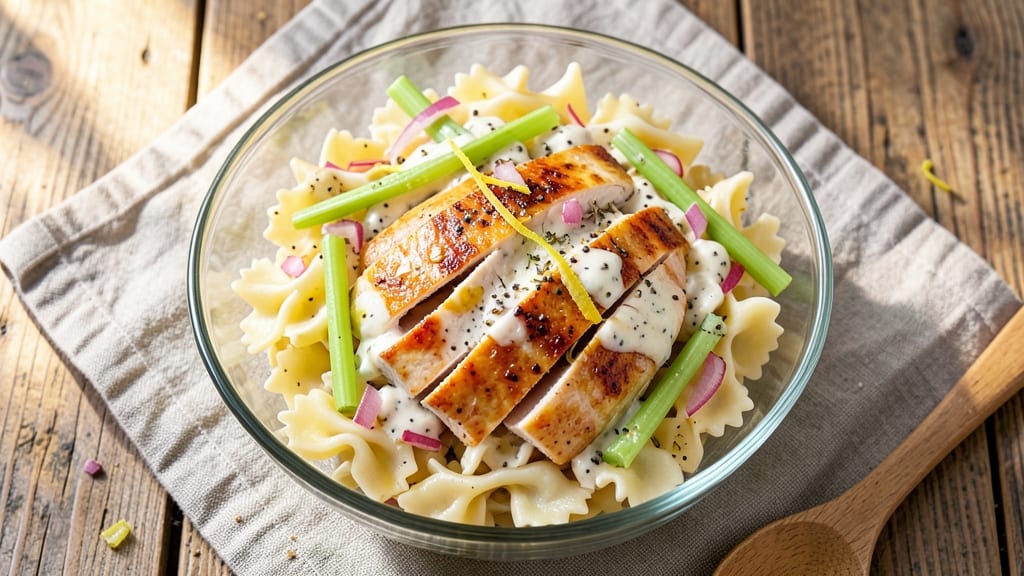 Bowtie Chicken Pasta Salad Recipe: Crisp Celery Crowns Over Smoky Herb Cream Cheese